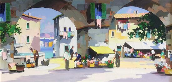 § Cecil Rochfort DOyly-John (1906-1993) Flower Market, Cote dAzur 13.4in x 27.5in